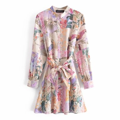Printed Strapped Linen Shirt Dress  NSAM43024