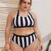 plus size striped print high waist split swimsuit  NSHL43146