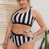 plus size striped print high waist split swimsuit  NSHL43146