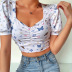 butterfly print puff sleeves fashion V-neck T-shirt NSXE38798