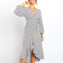 V-neck printing long-sleeved high-waist lace-up chiffon dress  NSGE38868