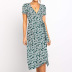 V-neck short-sleeved printed high-waist lace-up chiffon dress NSGE38873