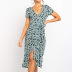 V-neck short-sleeved printed high-waist lace-up chiffon dress NSGE38873