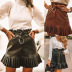 PU leather solid color belt pleated skirt NSGE38880