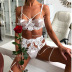 Flower lace perspective lingerie three-piece set NSWY43649