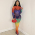 fashion rainbow gradient mesh long-sleeved dress NSKAJ44776