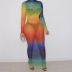 fashion rainbow gradient mesh long-sleeved dress NSKAJ44776