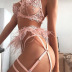 Feathered trim lace garter lingerie set NSWY45250