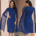 blue slim bat sleeve high waist round neck dress NSSA39965