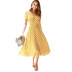 polka dot deep v mid-length high-waist lace-up short-sleeved dress  NSSA40045