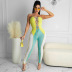 stitching contrast color tube top lace-up jumpsuit NSMX48980