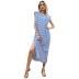 Sleeveless Striped Split Mid-Length Dress NSDF49018