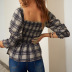 plaid lace-up pleated short-sleeved  top  NSSI50266