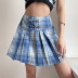 blue plaid slim-fit pleated skirt  NSLQ47498