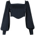 striped square collar irregular short T-shirt NSMEI51176