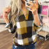 Plaid Printed V-Neck Long Sleeve Top T-Shirt NSSUO57245