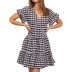 plaid ruffled short-sleeved v-neck high-waist dress NSMAN51371