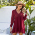 solid color ruffled hem long-sleeved v-neck dress NSMAN51372