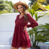 solid color ruffled hem long-sleeved v-neck dress NSMAN51372