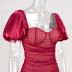 puff sleeves mesh pleated hip short skirt dress NSMI51516