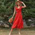 dot printed high waist red ruffled slim v-neck sleeveless dress NSDF51524