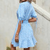 V-neck button bow floral blue dress NSDF51529