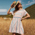 striped stitching loose short-sleeved mid-length round neck dress NSDF51537