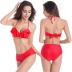 fashion solid color ruched tie back halter high waist bikini swimsuit set NSLUT53835