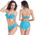 fashion solid color ruched tie back halter high waist bikini swimsuit set NSLUT53835
