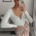 sexy peach heart-neck threaded stretch long-sleeved jumpsuit NSHS52068