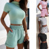 New summer solid color tight short sleeve top & shorts set NSAXE52335