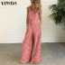cotton and linen printed button embellished suspenders jumpsuit NSAXE52339