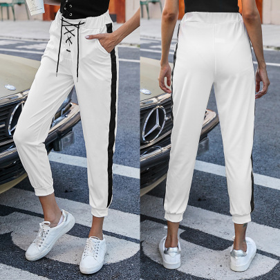 Contrast Color Cross Lace-up Sports Casual Pencil Trousers  NSJR52529