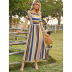 striped round neck short-sleeved long dress NSSA53026