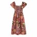 short-sleeved square neck high waist flower print midi dress  NSAM53199