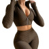 grid embossing tight-fitting solid color long-sleeved casual top & shorts set NSMAN53306