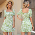 square neck short-sleeved floral pleated lace-up slim dress  NSYMR53341