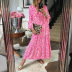 V-neck long-sleeved loose pink leopard print long dress NSHHF53642