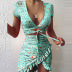 V-neck print irregularly wrapped chest lace-up thin temperament dress NSHHF53657