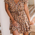 V-neck leopard print single-breasted lace-up ruffled dress NSHHF53681