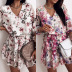 v-neck long-sleeved floral printed waist lace-up short dress  NSHHF53685