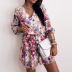 v-neck long-sleeved floral printed waist lace-up short dress  NSHHF53685