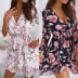 Flower Printed Ruffled V-Neck Mid Sleeve Lace-Up Short Dress NSHHF53691
