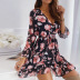 Flower Printed Ruffled V-Neck Mid Sleeve Lace-Up Short Dress NSHHF53691