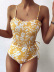 Printed pleated waist lace-up tube top sling one-piece swimsuit  NSLUT53938
