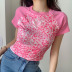 Summer New Pink Love Embroidered Leopard Print Short Sleeve T-shirt NSLQ53902
