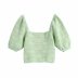 Sage green square neck puff sleeve knit short blouse NSAM48556