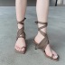 retro lace-up solid color square toe stiletto sandals  NSCA55899