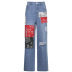 contrast color patch hole straight high waist jeans NSNWQ56381