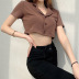 solid color buttoned cardigan lapel cropped knit short-sleeved T-shirt NSNWQ56396